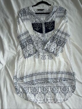 White and Navy Printed V-Neck Tunic with Navy Yoke